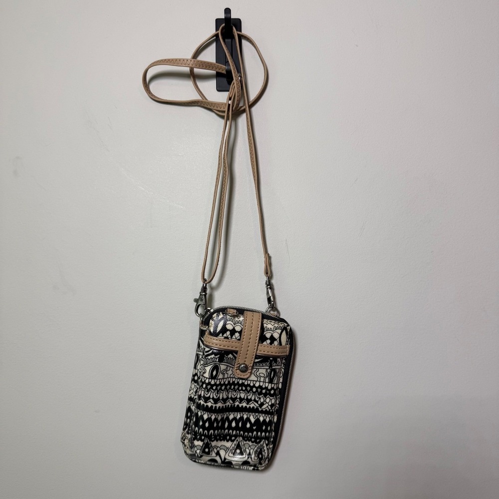 Sakroots Crossbody Wallet Small Black White Tribal Print Boho Phone Bag Festival
